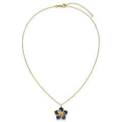 14K Yellow Gold Blue Enamel Flower Pendant Necklace, 16 Inch Chain with 2 Inch Extension