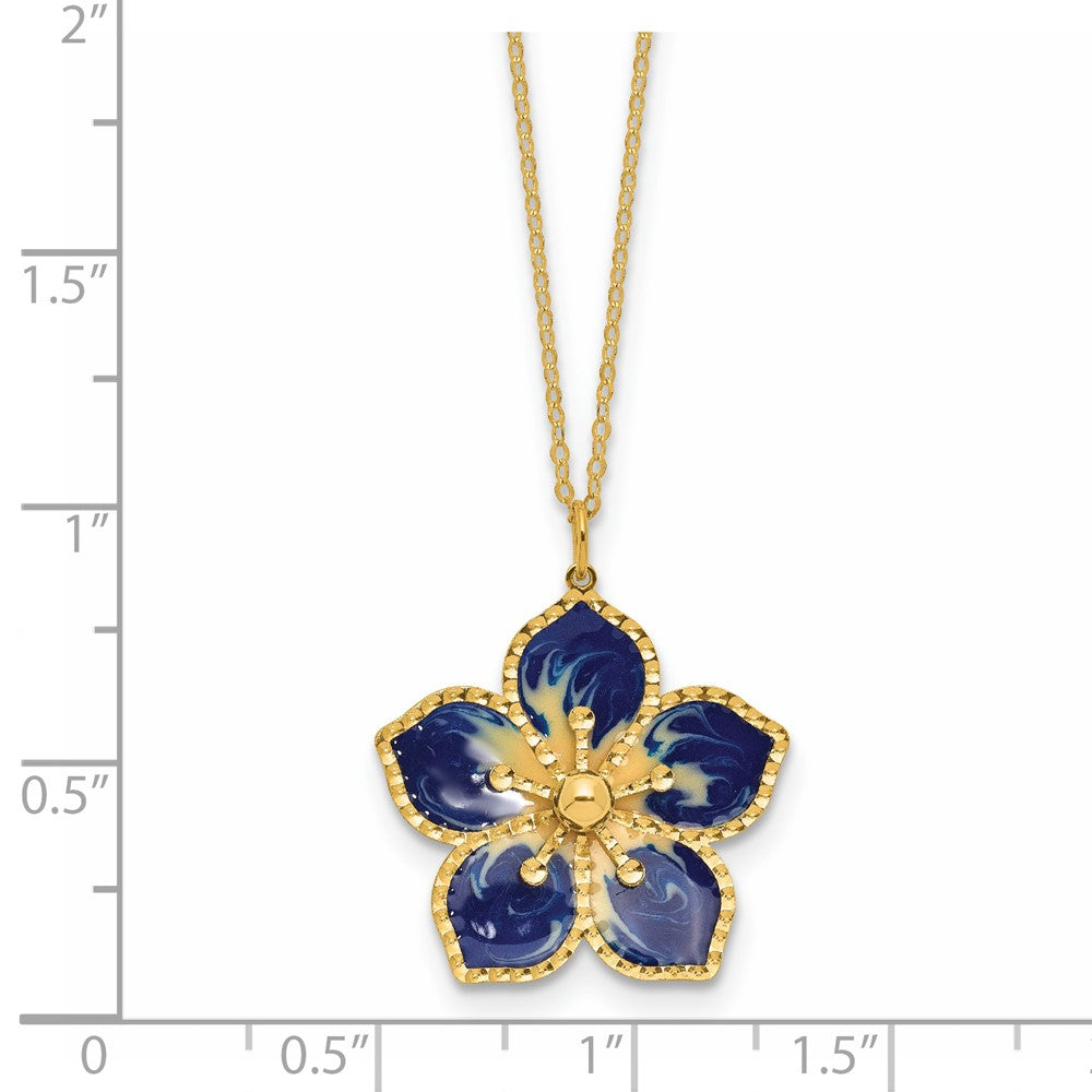 14K Yellow Gold Blue Enamel Flower Pendant Necklace, 16 Inch Chain with 2 Inch Extension
