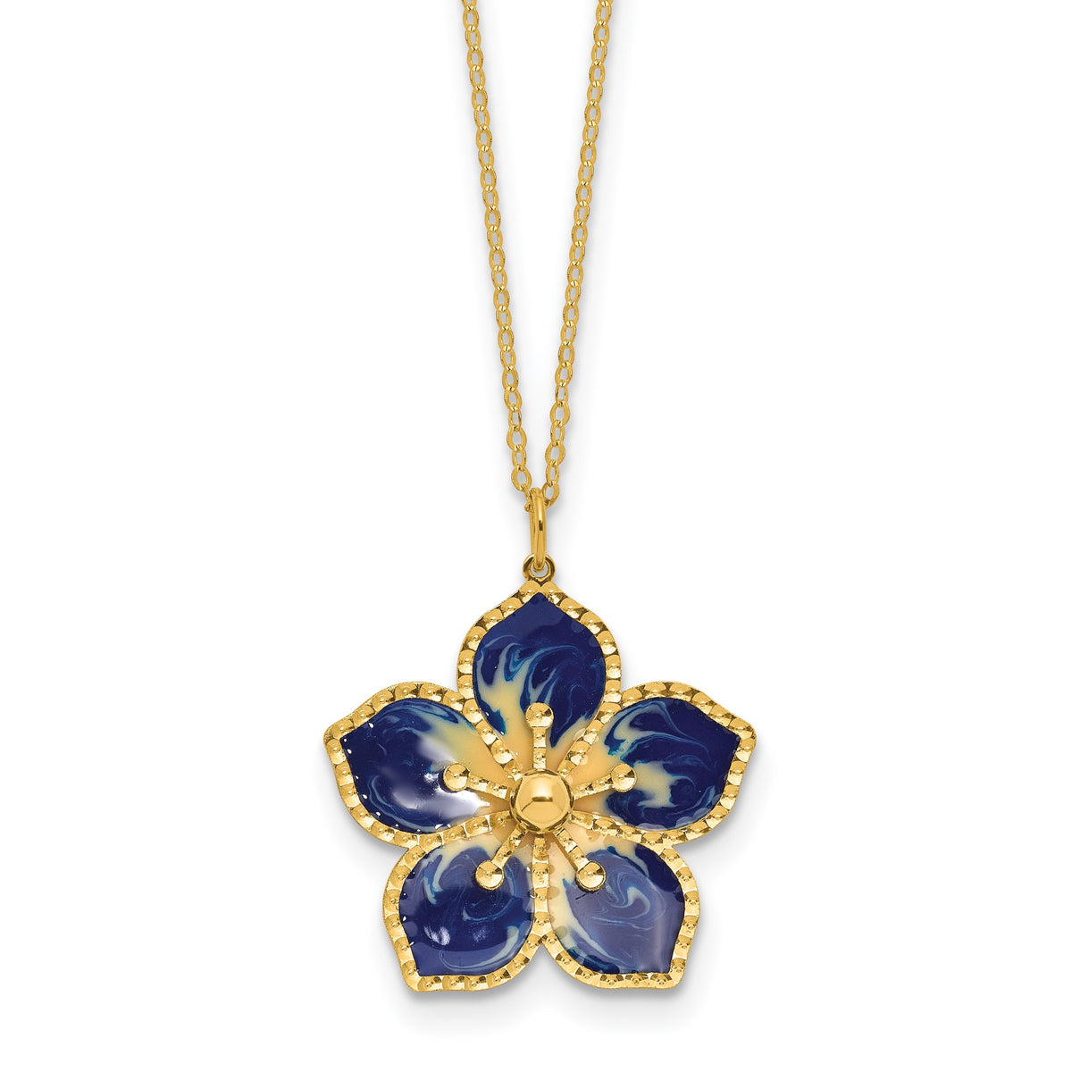 14K Yellow Gold Blue Enamel Flower Pendant Necklace, 16 Inch Chain with 2 Inch Extension
