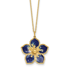 14K Yellow Gold Blue Enamel Flower Pendant Necklace, 16 Inch Chain with 2 Inch Extension