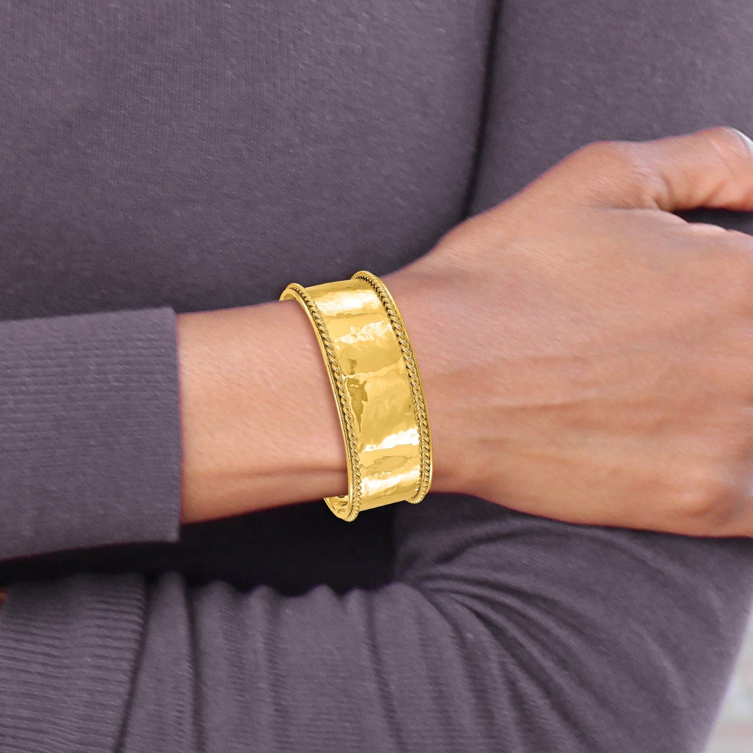 14K Solid Yellow Gold Hammered Rope Edge 22mm Width Cuff Bangle