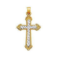 14k 2 Tone Gold Diamond Cut And Milgrain Finish Cross Pendant - JewelryAffairs
