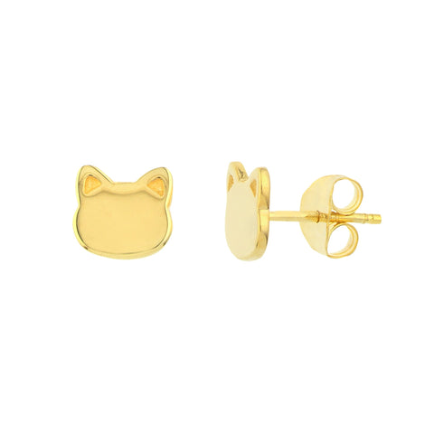 14k Gold Cat Stud Figure Earrings, 10mm