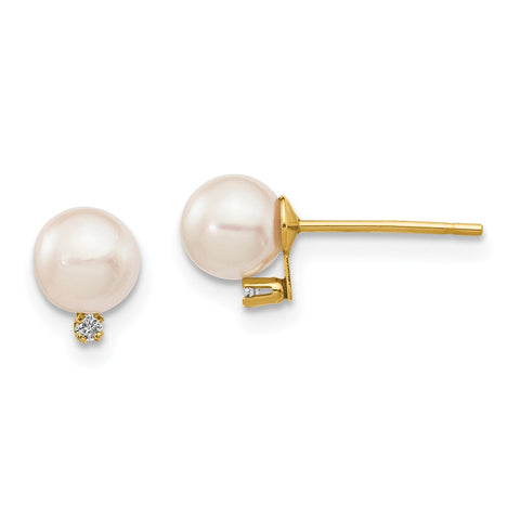 14k Gold Saltwater Akoya Pearl and Diamond Post Stud Earrings
