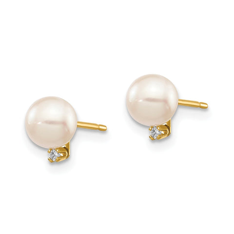 14k Gold Saltwater Akoya Pearl and Diamond Post Stud Earrings