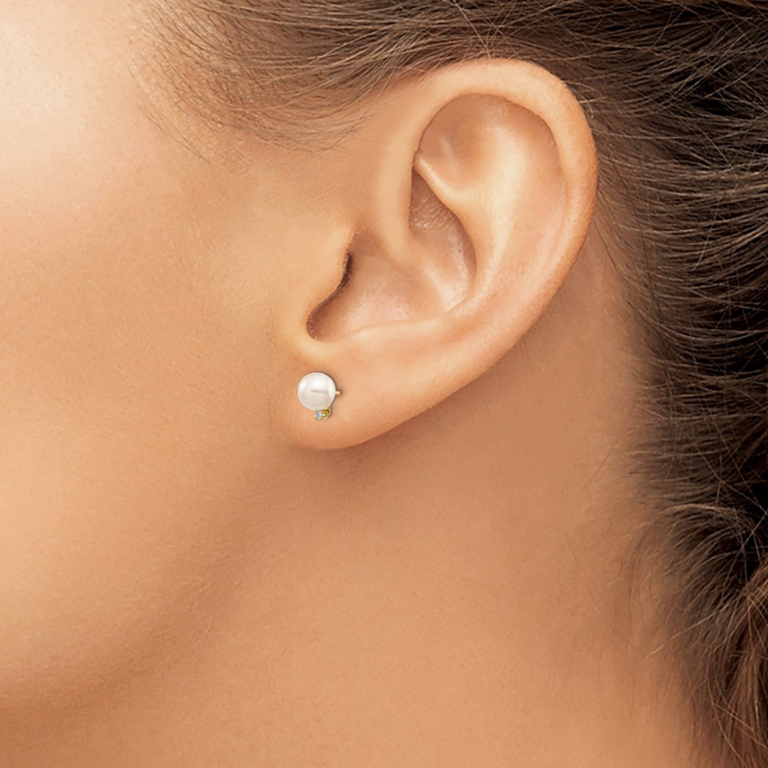 14k Gold Saltwater Akoya Pearl and Diamond Post Stud Earrings