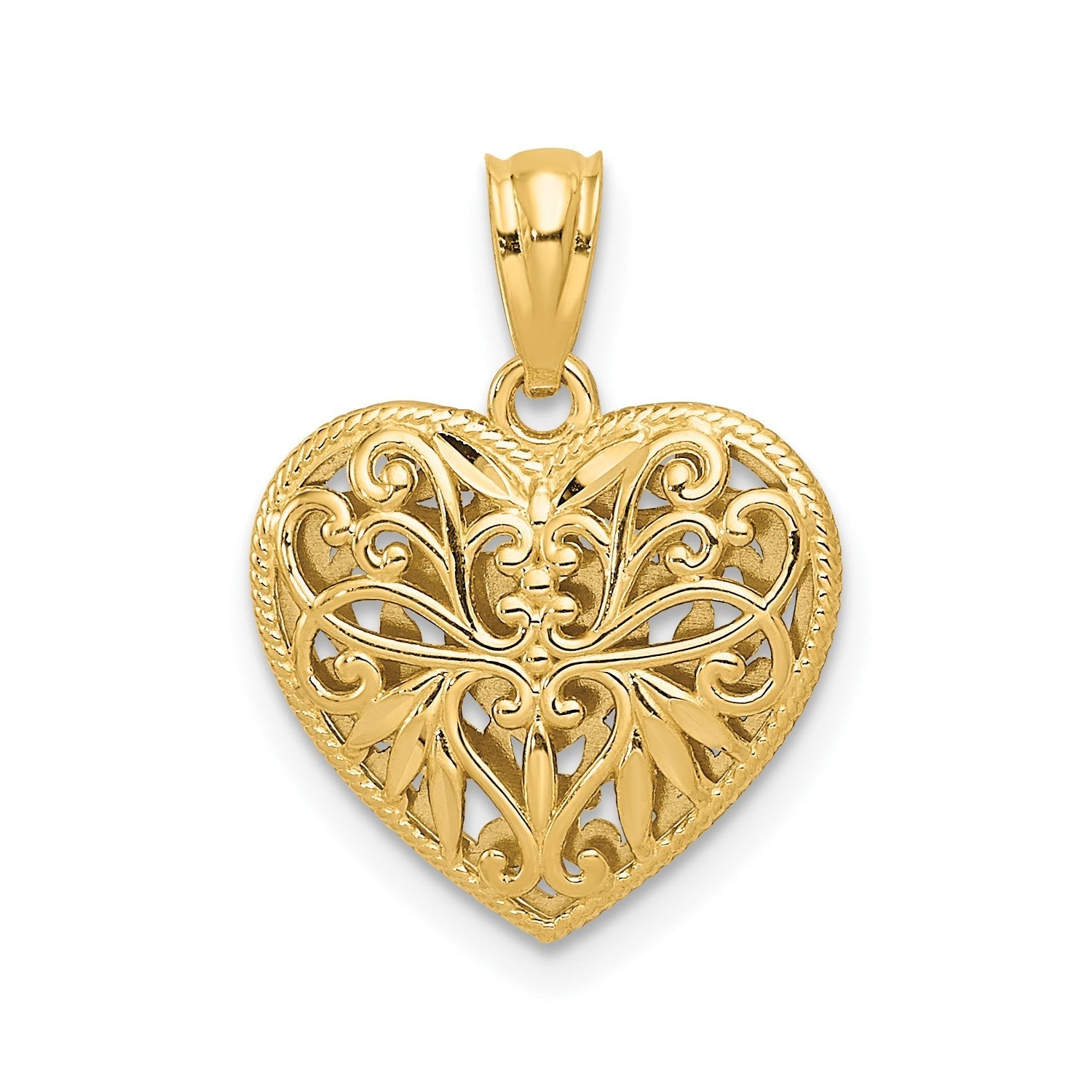 14K Gold Two - Tone Diamond Cut Heart Pendant, Reversible Filigree Design, 18x14mm - JewelryAffairs