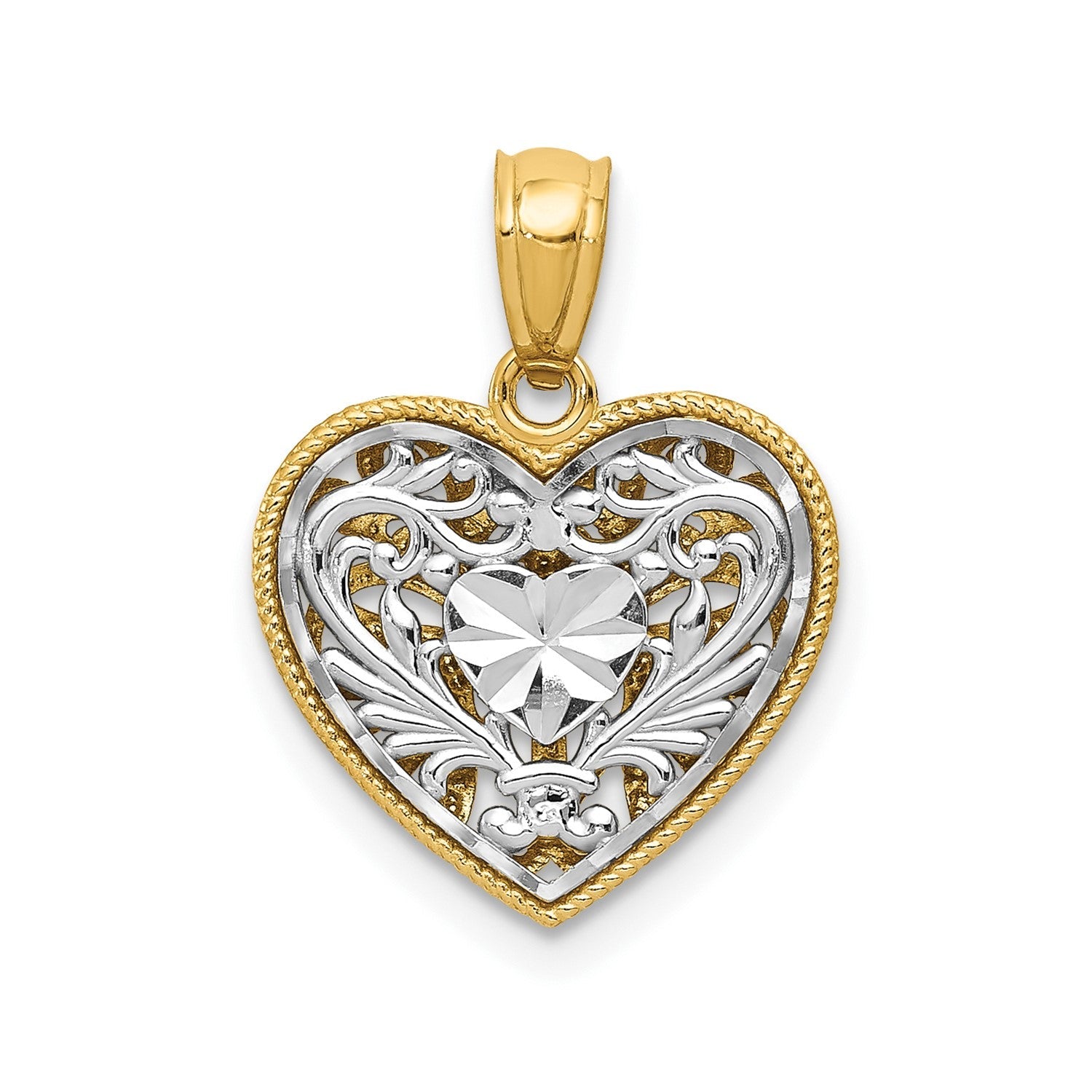 14K Gold Two - Tone Diamond Cut Heart Pendant, Reversible Filigree Design, 18x14mm - JewelryAffairs