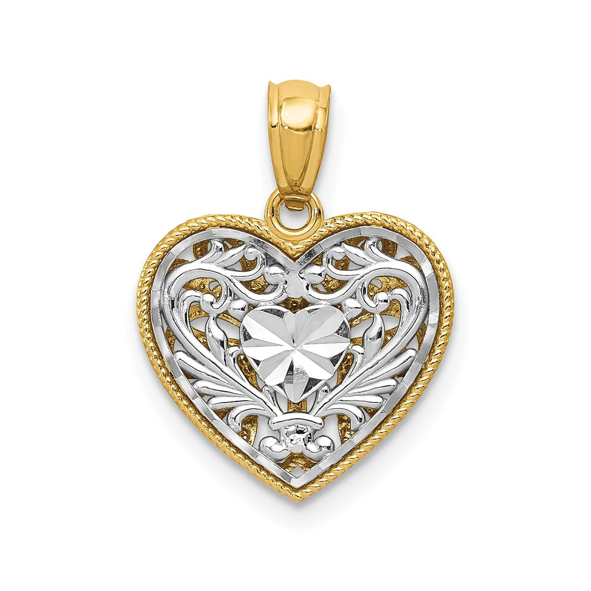 14K Gold Two - Tone Diamond Cut Heart Pendant, Reversible Filigree Design, 18x14mm - JewelryAffairs
