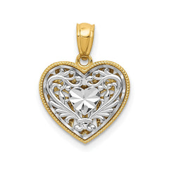 14K Gold Two - Tone Diamond Cut Heart Pendant, Reversible Filigree Design, 18x14mm - JewelryAffairs