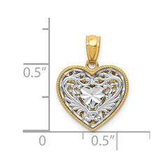 14K Gold Two - Tone Diamond Cut Heart Pendant, Reversible Filigree Design, 18x14mm - JewelryAffairs