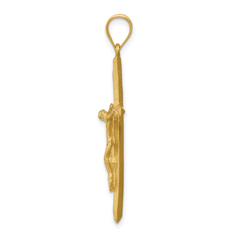 14K Real Solid Brushed Yellow Gold and Diamond Cut Crucifix Cross Pendant