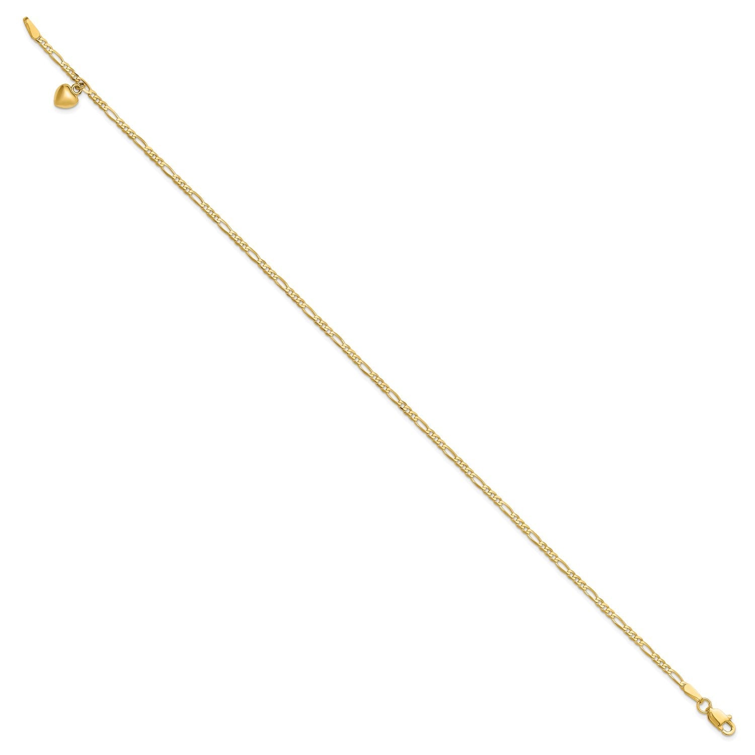 14K Real Solid Gold Figaro Link Chain Anklet with Dangling Heart Charm