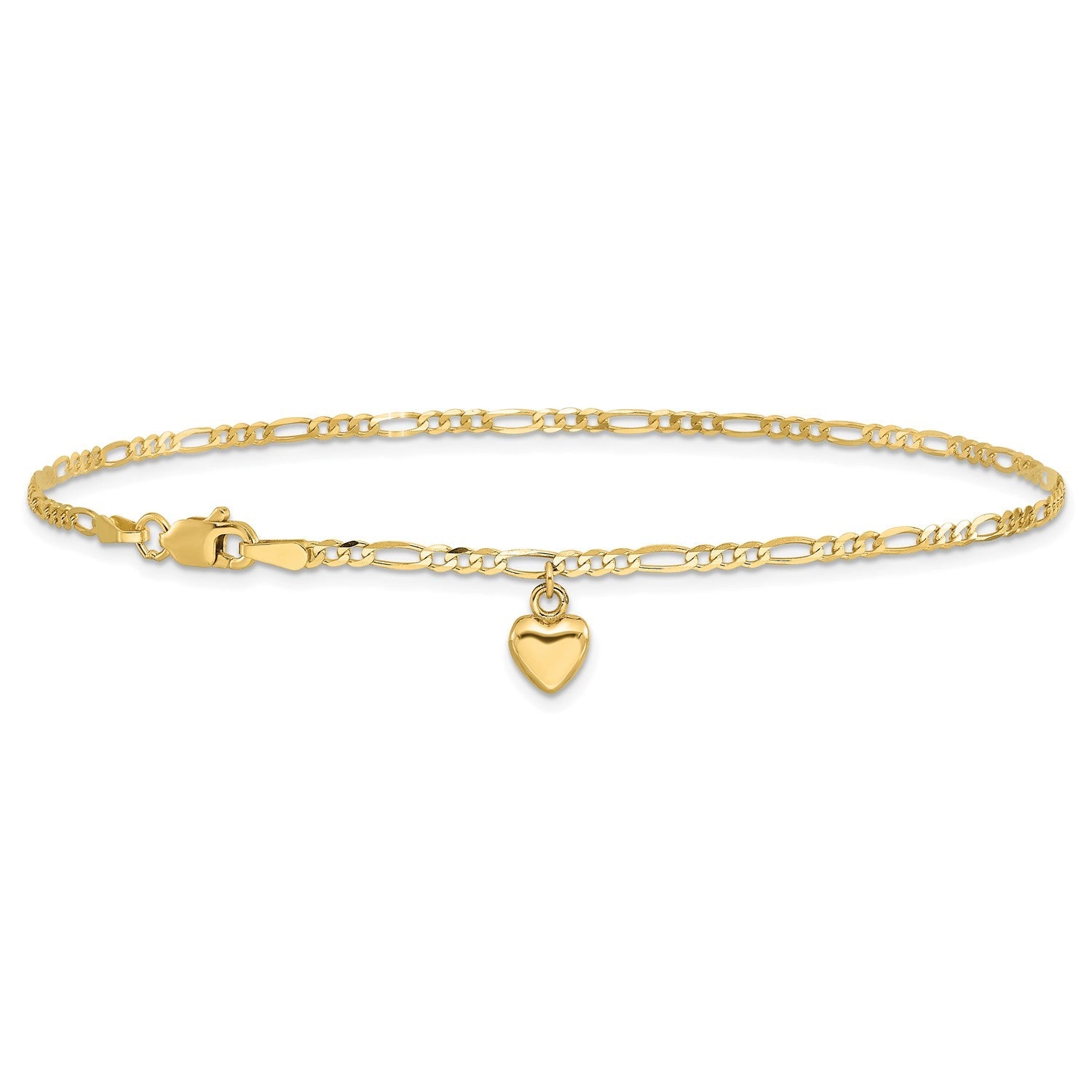 14K Real Solid Gold Figaro Link Chain Anklet with Dangling Heart Charm