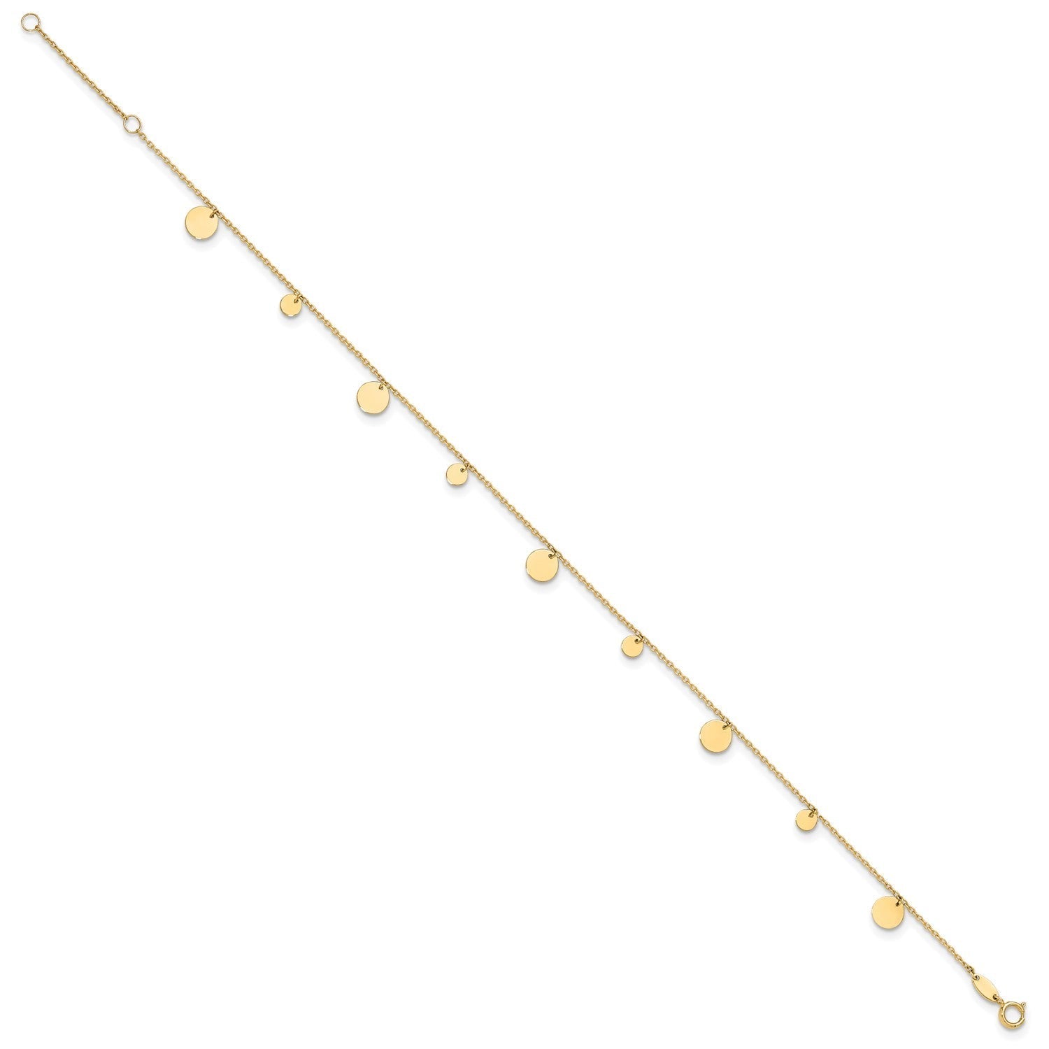 14K Real Solid Yellow Gold High Polished Circles Charm 9 to 10 Adjustable Anklet