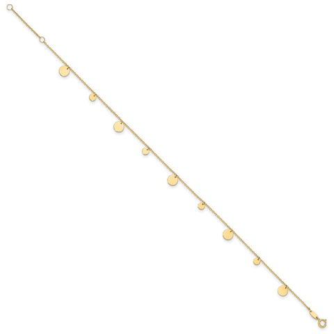 14K Real Solid Yellow Gold High Polished Circles Charm 9 to 10 Adjustable Anklet