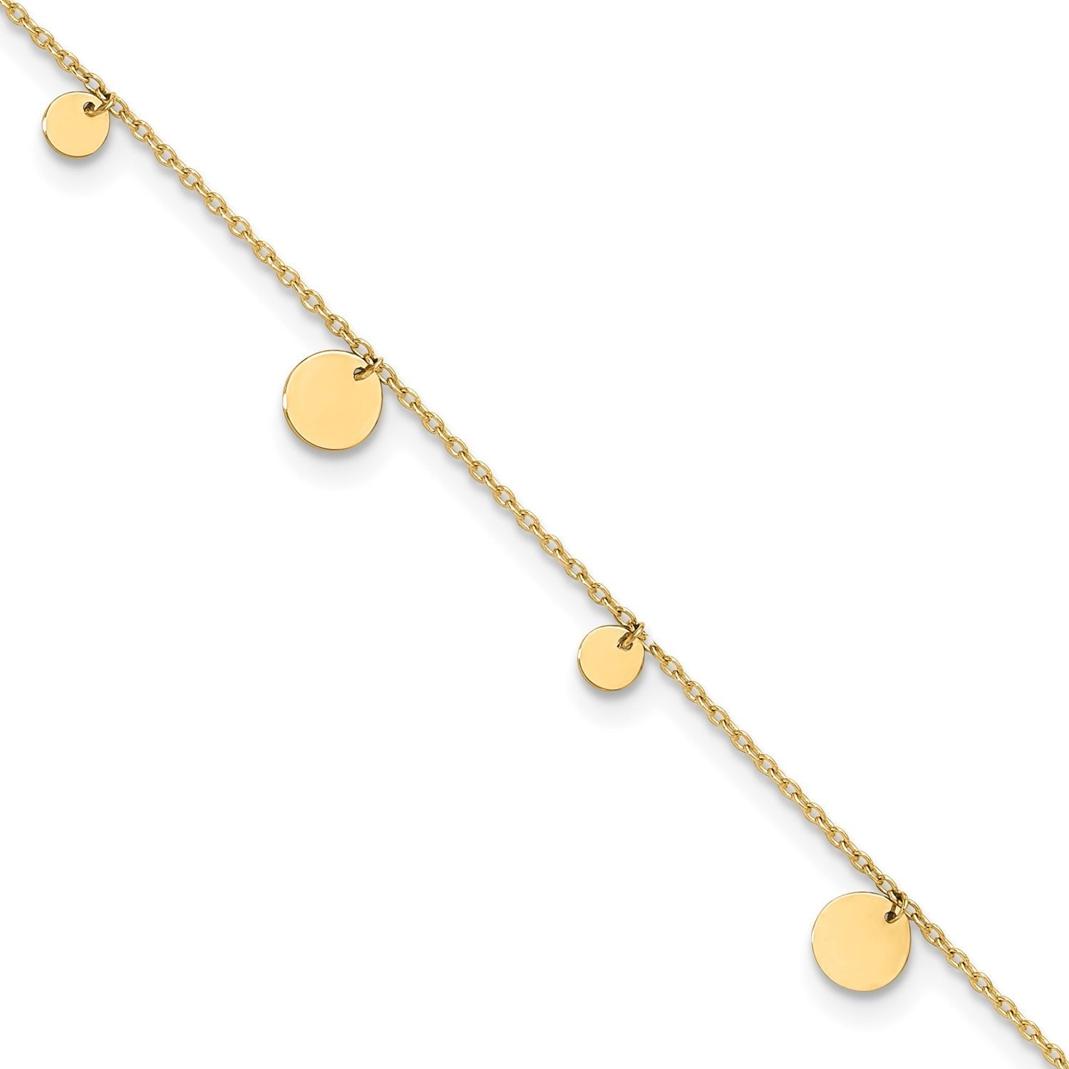 14K Real Solid Yellow Gold High Polished Circles Charm 9 to 10 Adjustable Anklet