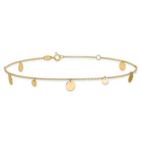 14K Real Solid Yellow Gold High Polished Circles Charm 9 to 10 Adjustable Anklet