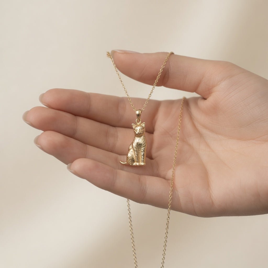 14K Real Solid Yellow Gold Sitting Cat Pendant, 25x13mm