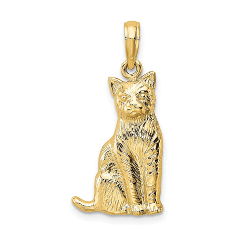 14K Real Solid Yellow Gold Sitting Cat Pendant, 25x13mm