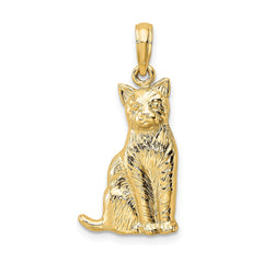 14K Real Solid Yellow Gold Sitting Cat Pendant, 25x13mm