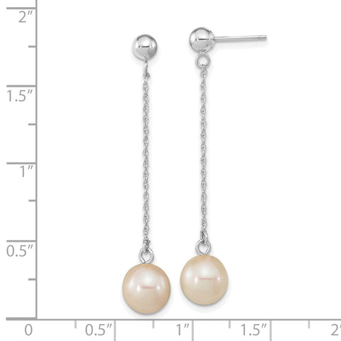 14k Real White Gold Fresh Water Round Pearl Dangle Post Earrings, 46mm Length