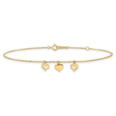 14k Real Yellow Gold 3 Heart Charm 9 to 10 Adjustable Anklet