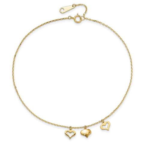 14k Real Yellow Gold 3 Heart Charm 9 to 10 Adjustable Anklet