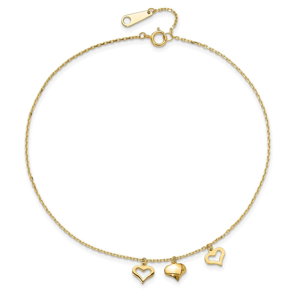 14k Real Yellow Gold 3 Heart Charm 9 to 10 Adjustable Anklet