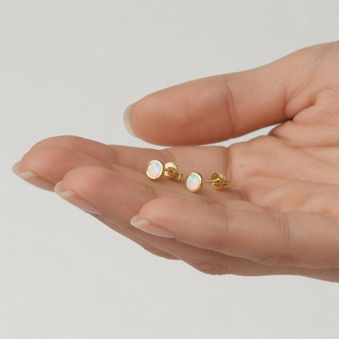 14K Real Yellow Gold 4mm Round Opal Bezel Post Stud Earrings