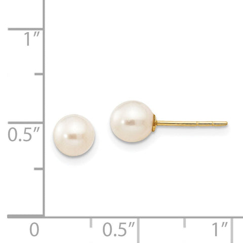14K Real Yellow Gold 5-6mm White Near Round Freshwater Cultured Pearl Post Stud Earrings