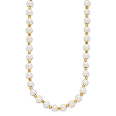 14K Real Yellow Gold 6-7mm White Near Round FW Cultured Pearl Bead Necklace