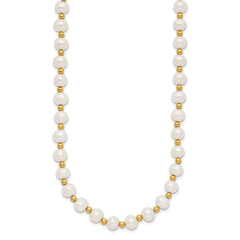 14K Real Yellow Gold 6-7mm White Near Round FW Cultured Pearl Bead Necklace