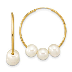 14k Real Yellow Gold 6 to 7mm Round White Fresh Water Pearl Hoop Endless Earrings, 26mm