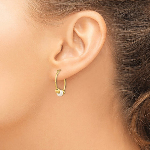 14k Real Yellow Gold 6mm Freshwater Cultured Pearl Hoop Earring, 19mm Diameter