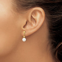 14k Real Yellow Gold 7-8mm White Round Freshwater Cultured Pearl Dangle Post Dangle Earrings