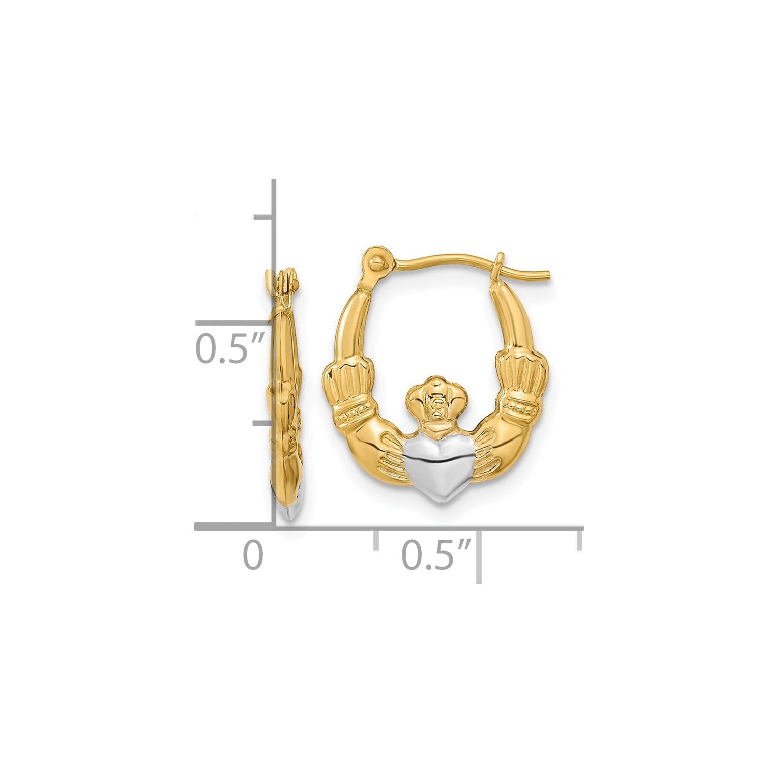 14K Real Yellow Gold Claddagh Hoop Earrings, 18mm