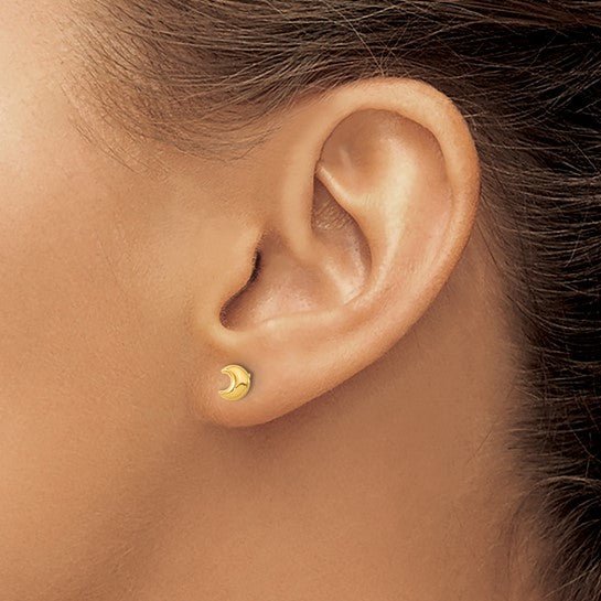 14k Real Yellow Gold Crescent Moon Post Stud Earrings - JewelryAffairs