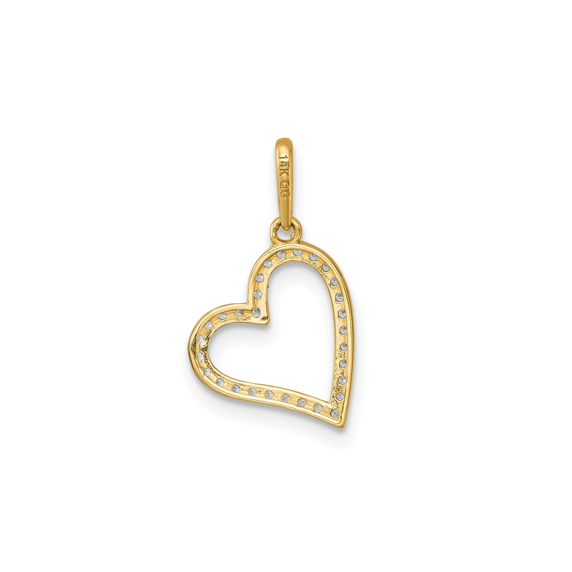 14k Real Yellow Gold CZ Open Heart Pendant, 20x11mm