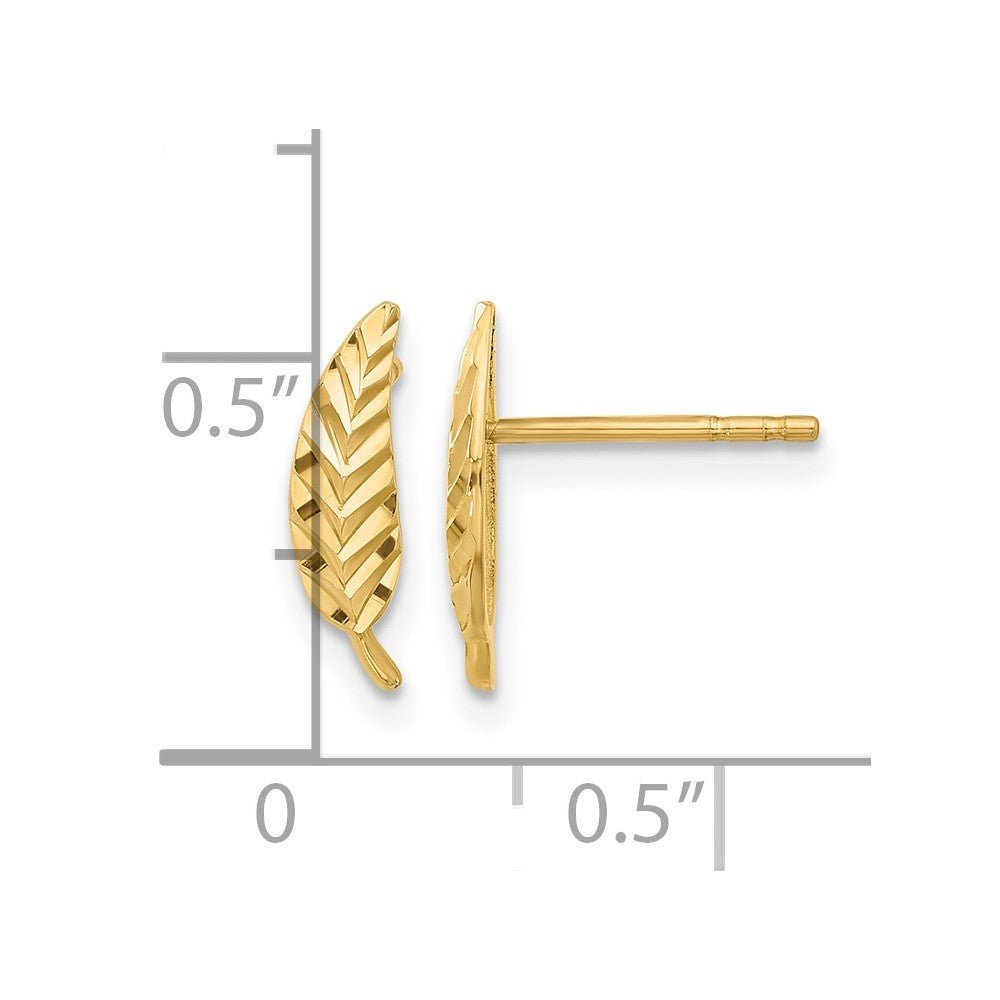 14K Real Yellow Gold Diamond Cut Leaf Ear Climber Stud Earrings