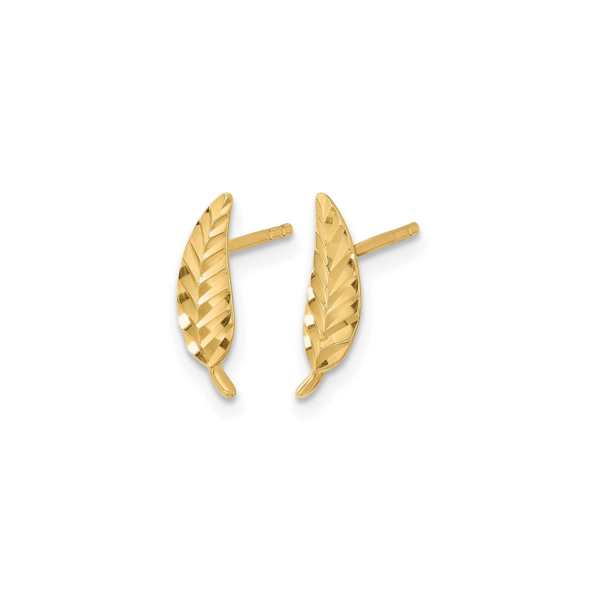 14K Real Yellow Gold Diamond Cut Leaf Ear Climber Stud Earrings