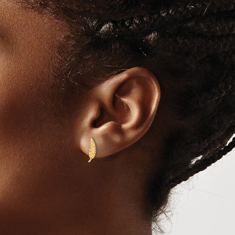 14K Real Yellow Gold Diamond Cut Leaf Ear Climber Stud Earrings