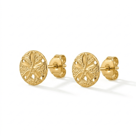 14k Real Yellow Gold Diamond-Cut Sand Dollar Post Stud Earrings, 8mm