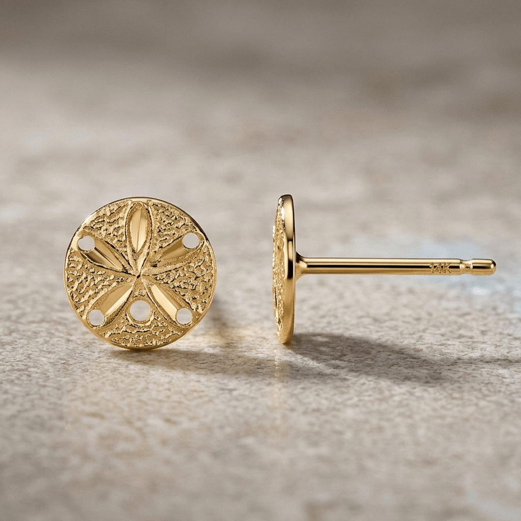 14k Real Yellow Gold Diamond-Cut Sand Dollar Post Stud Earrings, 8mm