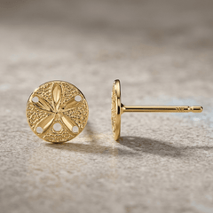 14k Real Yellow Gold Diamond-Cut Sand Dollar Post Stud Earrings, 8mm