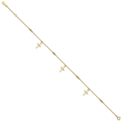 14k Real Yellow Gold High Polished and Diamond-cut Cross Anklet, 9 to 11 Adjustable