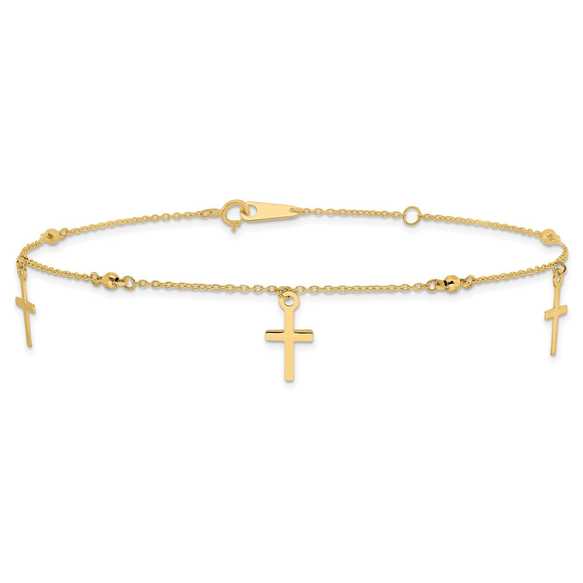 14k Real Yellow Gold High Polished and Diamond-cut Cross Anklet, 9 to 11 Adjustable