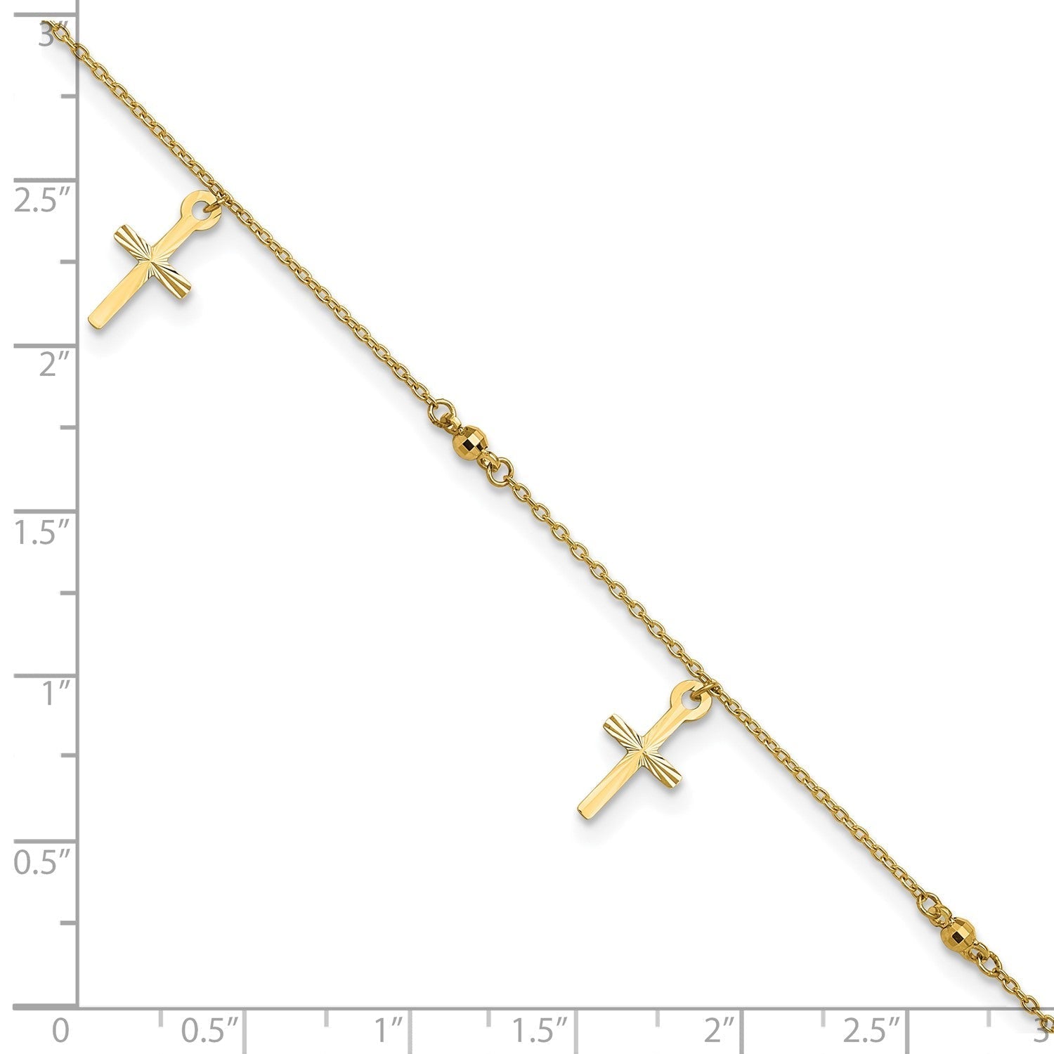 14k Real Yellow Gold High Polished and Diamond-cut Cross Anklet, 9 to 11 Adjustable