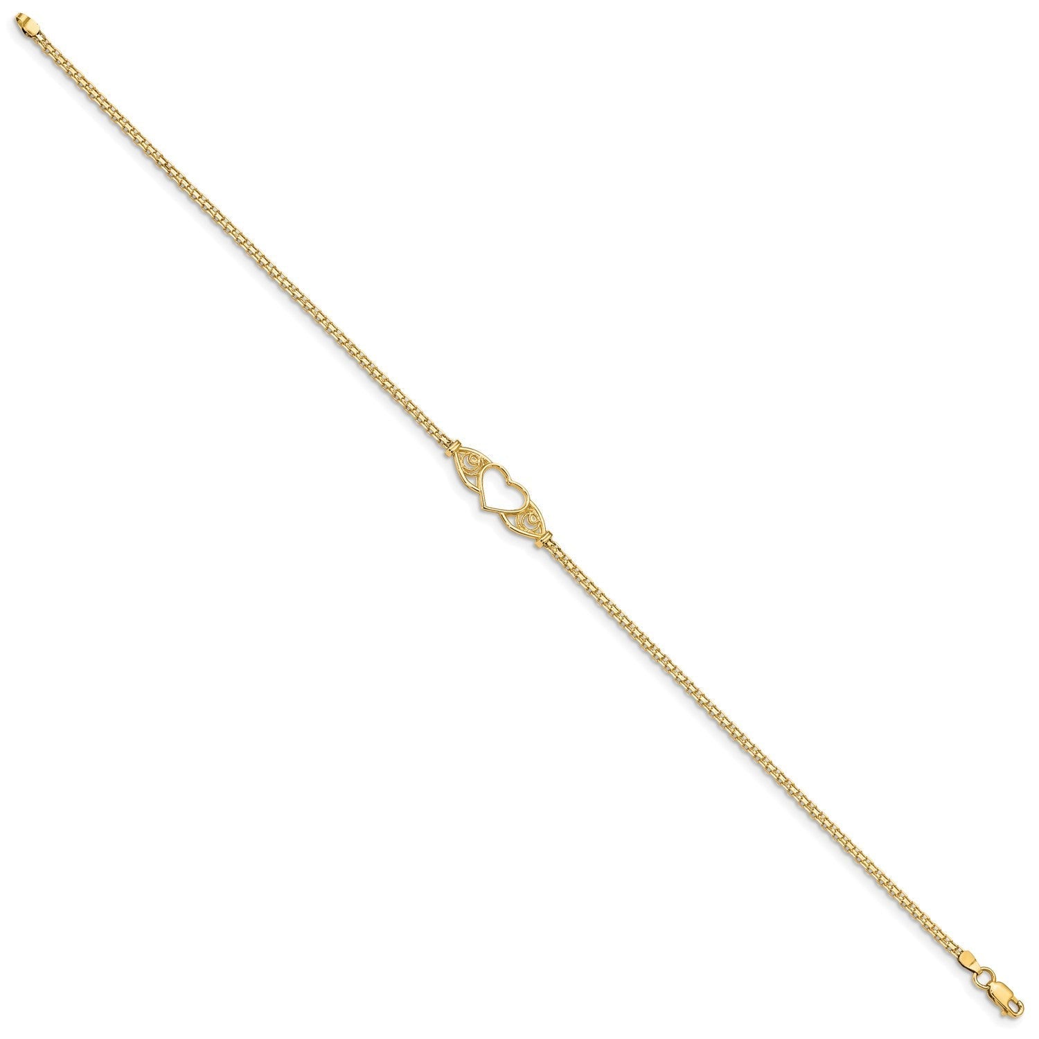 14k Real Yellow Gold High Polished Heart Charm Anklet, 10
