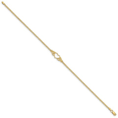 14k Real Yellow Gold High Polished Heart Charm Anklet, 10